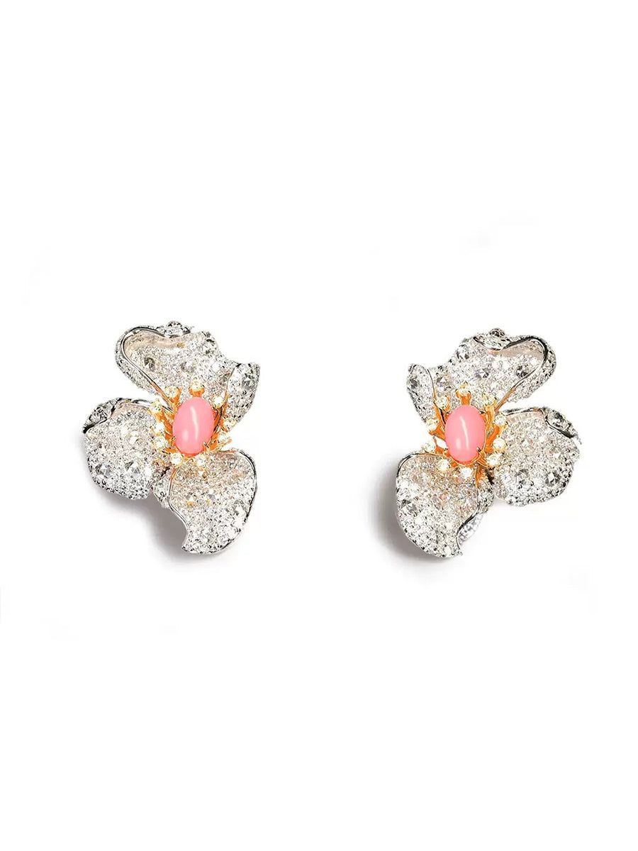 #BE0039 # Pink Conch Pearl Zirconia Flower Stud Earrings