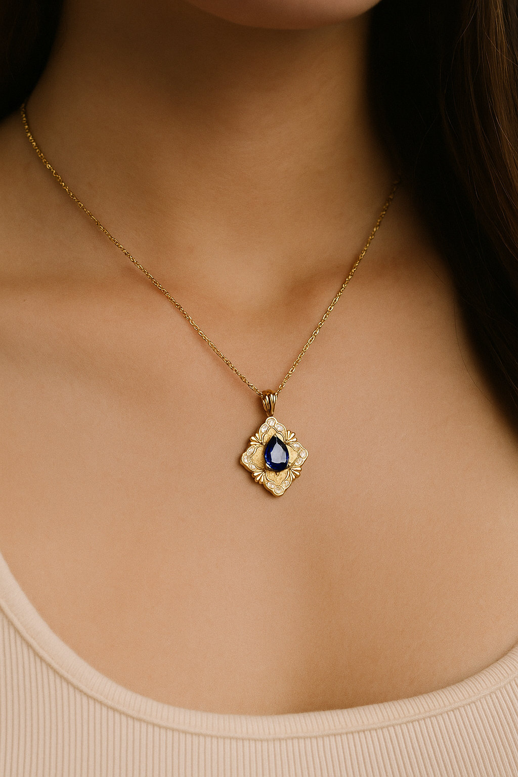 #LD0149# Necklace with Zirconia and Sapphire Pendant – 45cm Chain