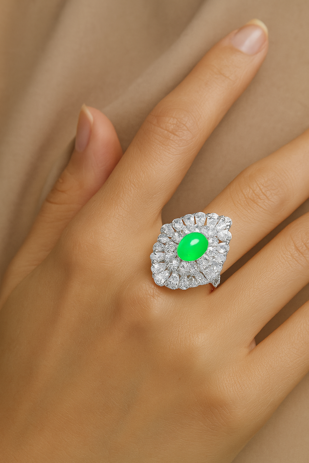 #LJ0079# Ring with Imperial Green Jadeite & Zircon Accents