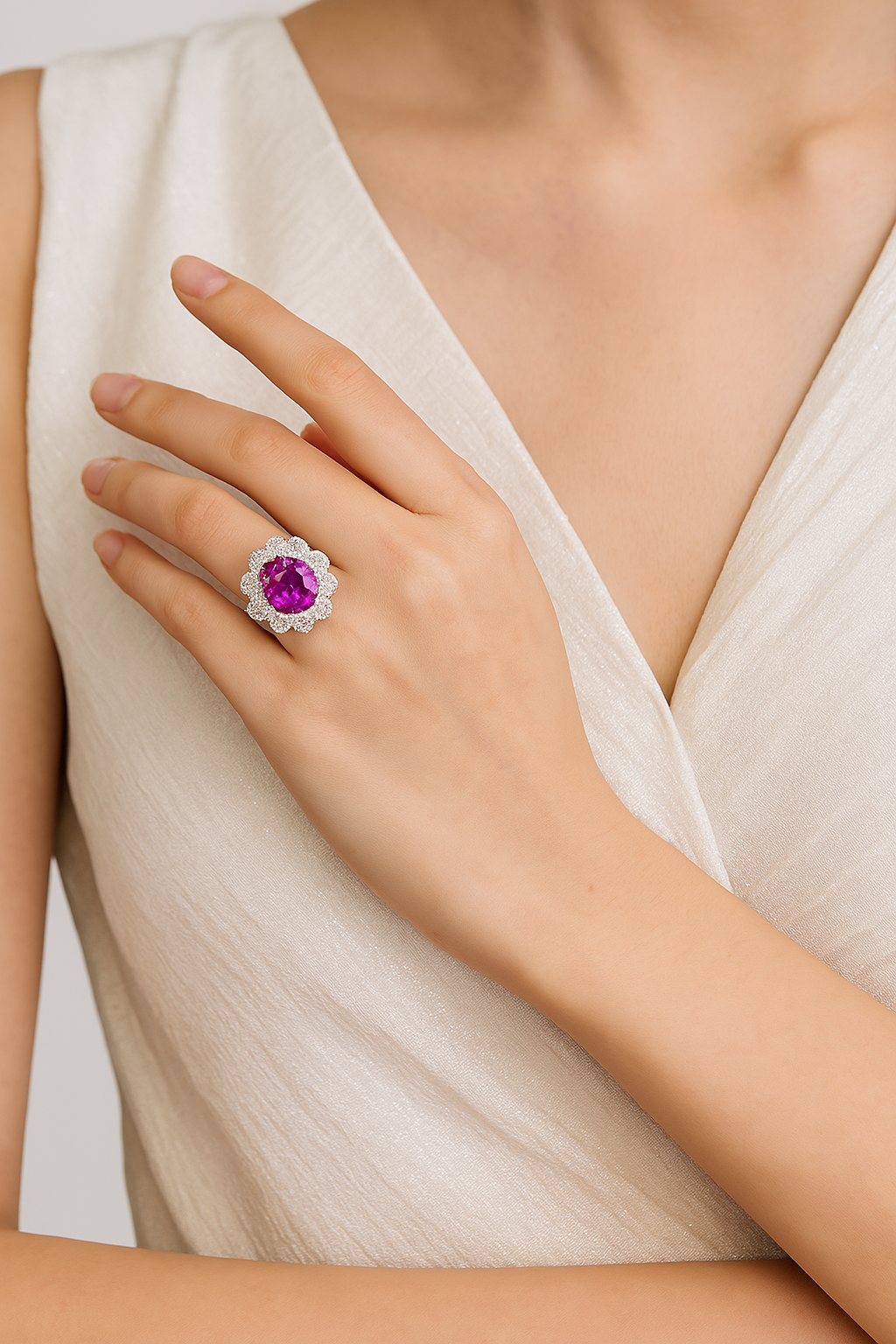 #HJ0085# Ring with Pink Oval Diamond & Zircon Accents