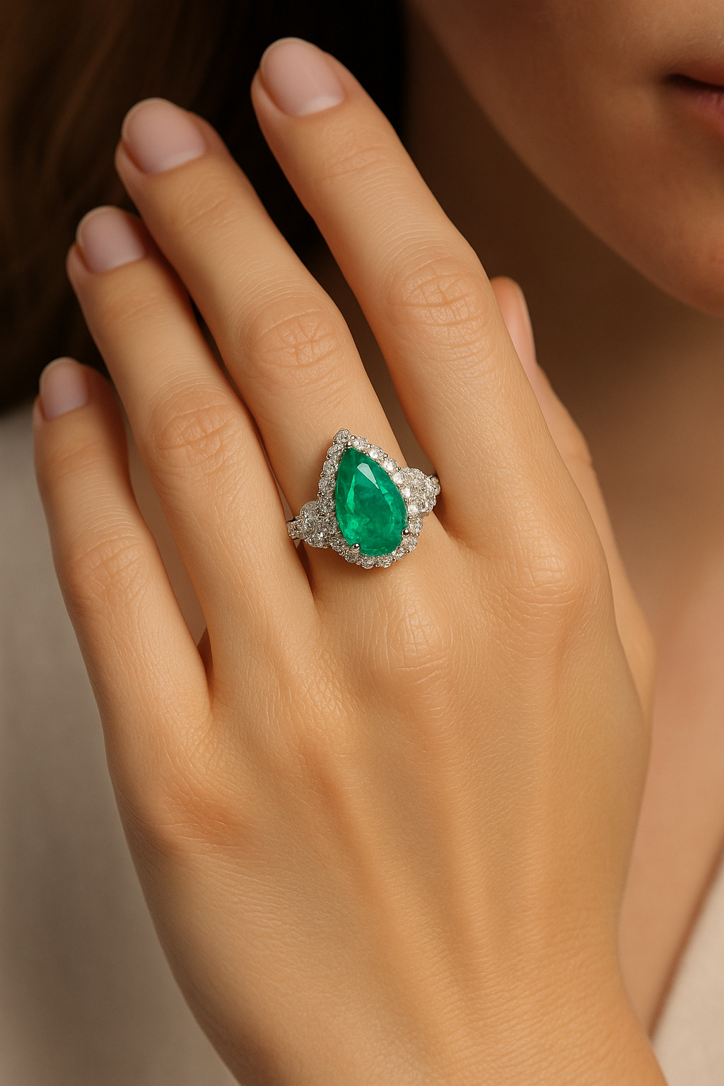 #JZ20048# Ring with Pear-Cut  Emerald and Zircon Accents