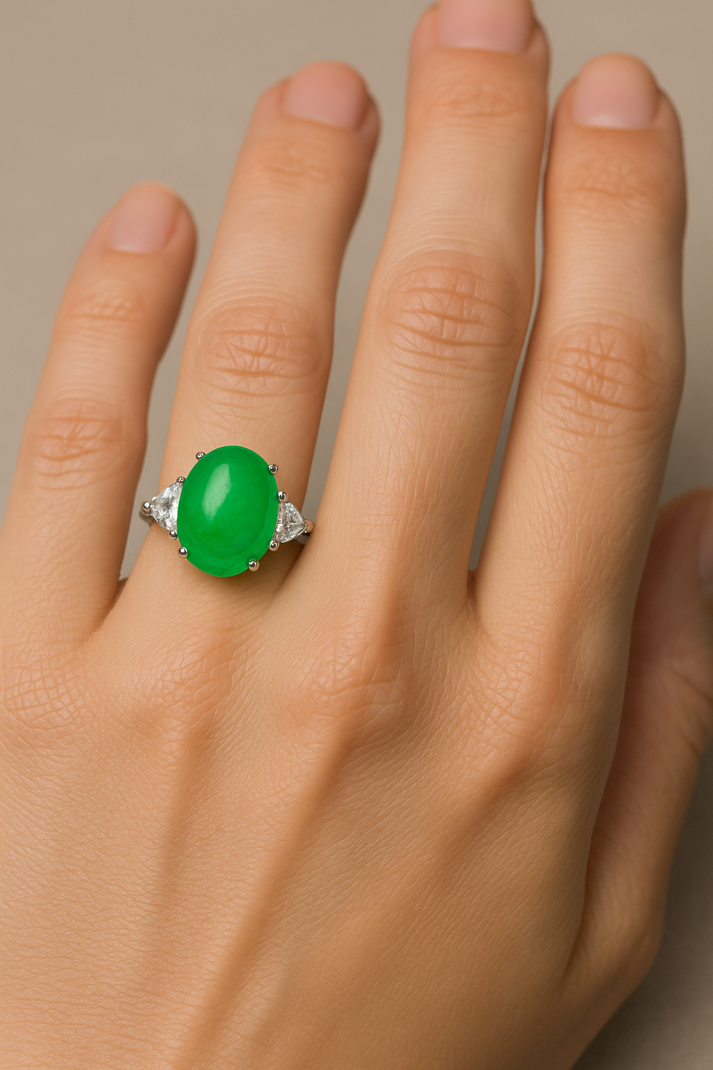 #LJ0067# Ring with Large Cabochon Imperial Green Jadeite