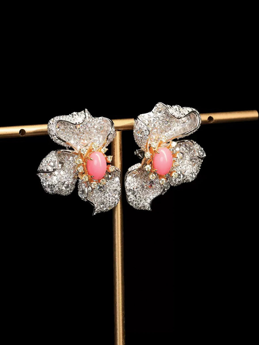 #BE0039 # Pink Conch Pearl Zirconia Flower Stud Earrings