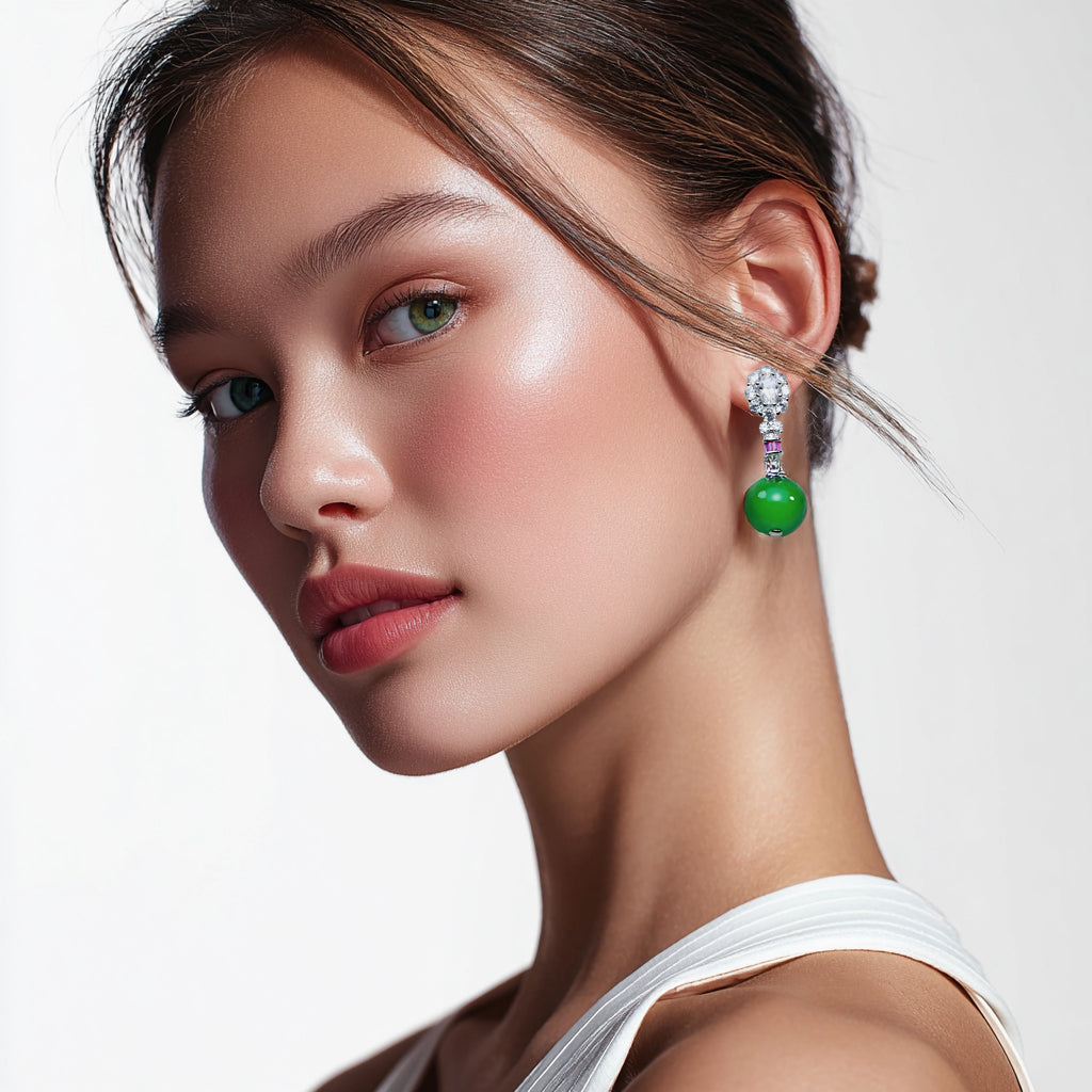 #LE0043# Jade-Style Earrings – Elegant Green Gemstone Design