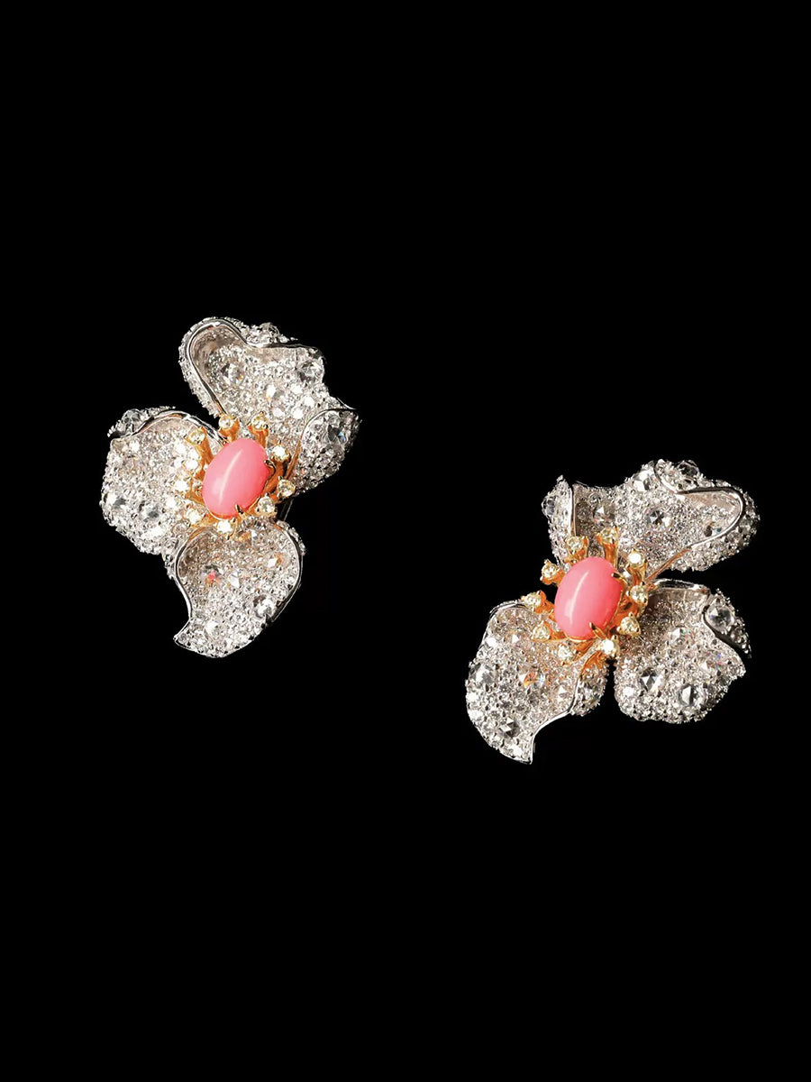 #BE0039 # Pink Conch Pearl Zirconia Flower Stud Earrings