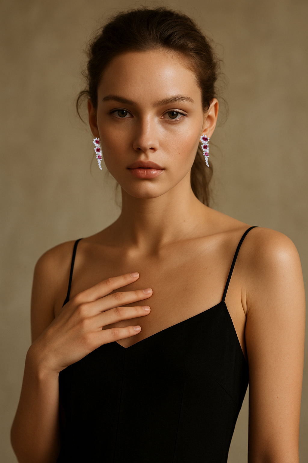 #HE0046#  Earrings with Simulated Rubies & Zircon Accents