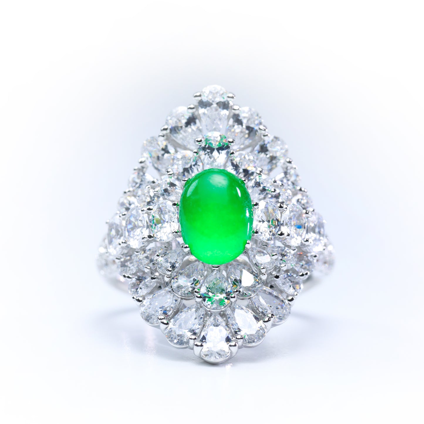 #LJ0079# Ring with Imperial Green Jadeite & Zircon Accents