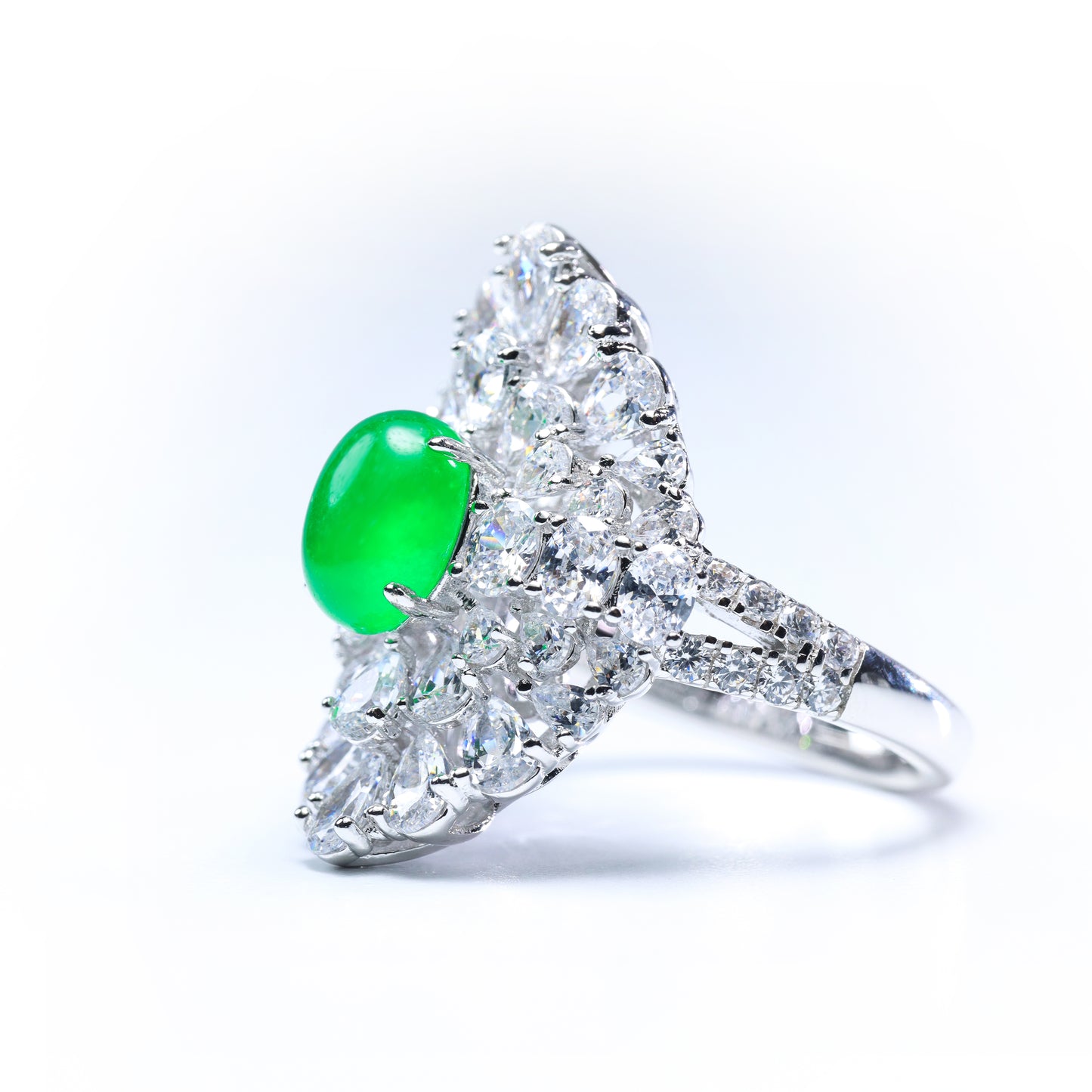 #LJ0079# Ring with Imperial Green Jadeite & Zircon Accents