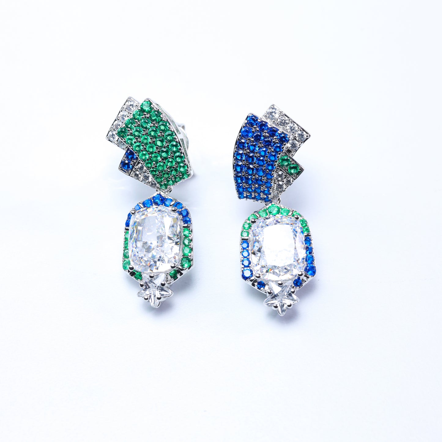 #BE0026# Asymmetrical Earrings with Blue & Green Gemstones