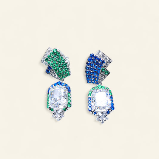 #BE0026# Asymmetrical Earrings with Blue & Green Gemstones