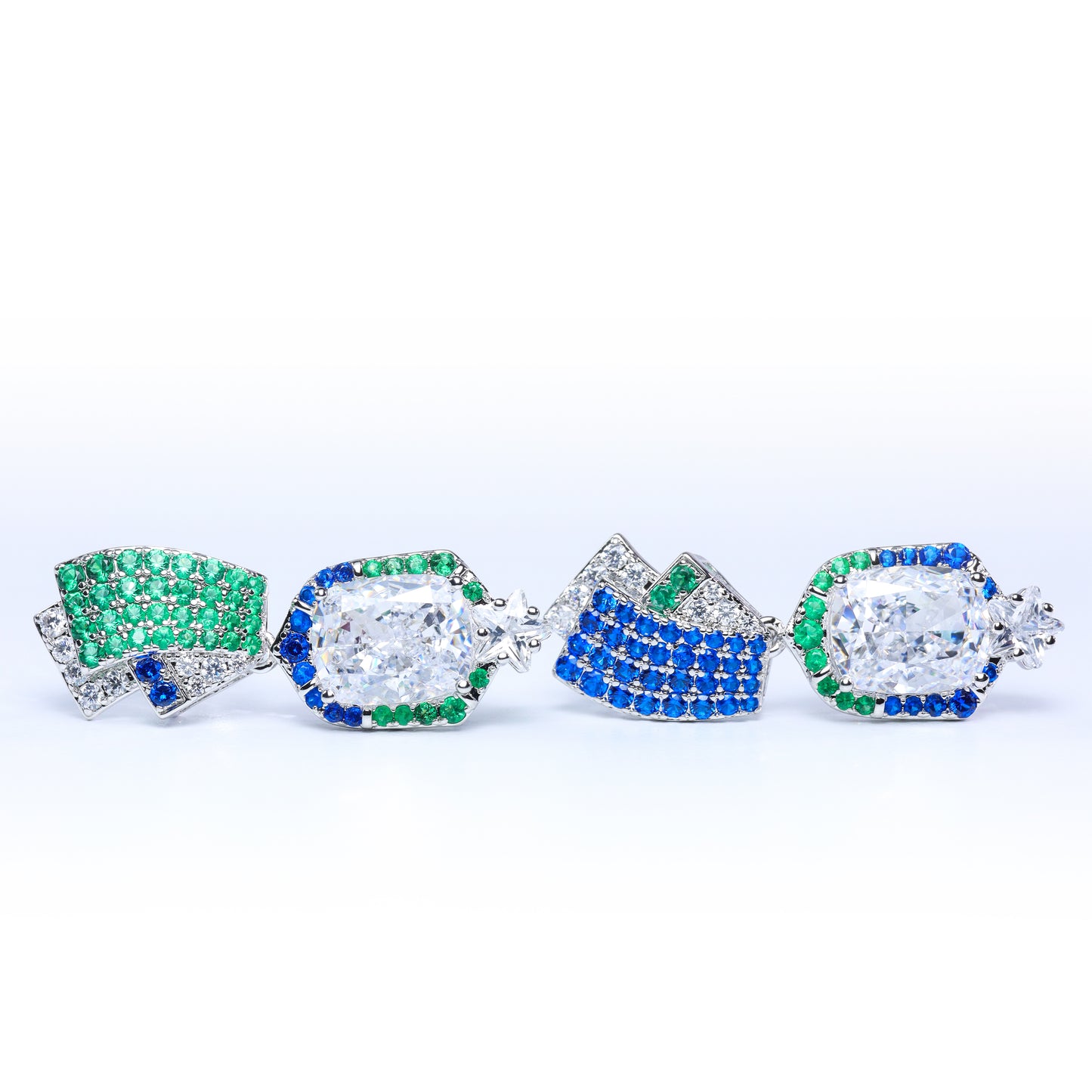 #BE0026# Asymmetrical Earrings with Blue & Green Gemstones