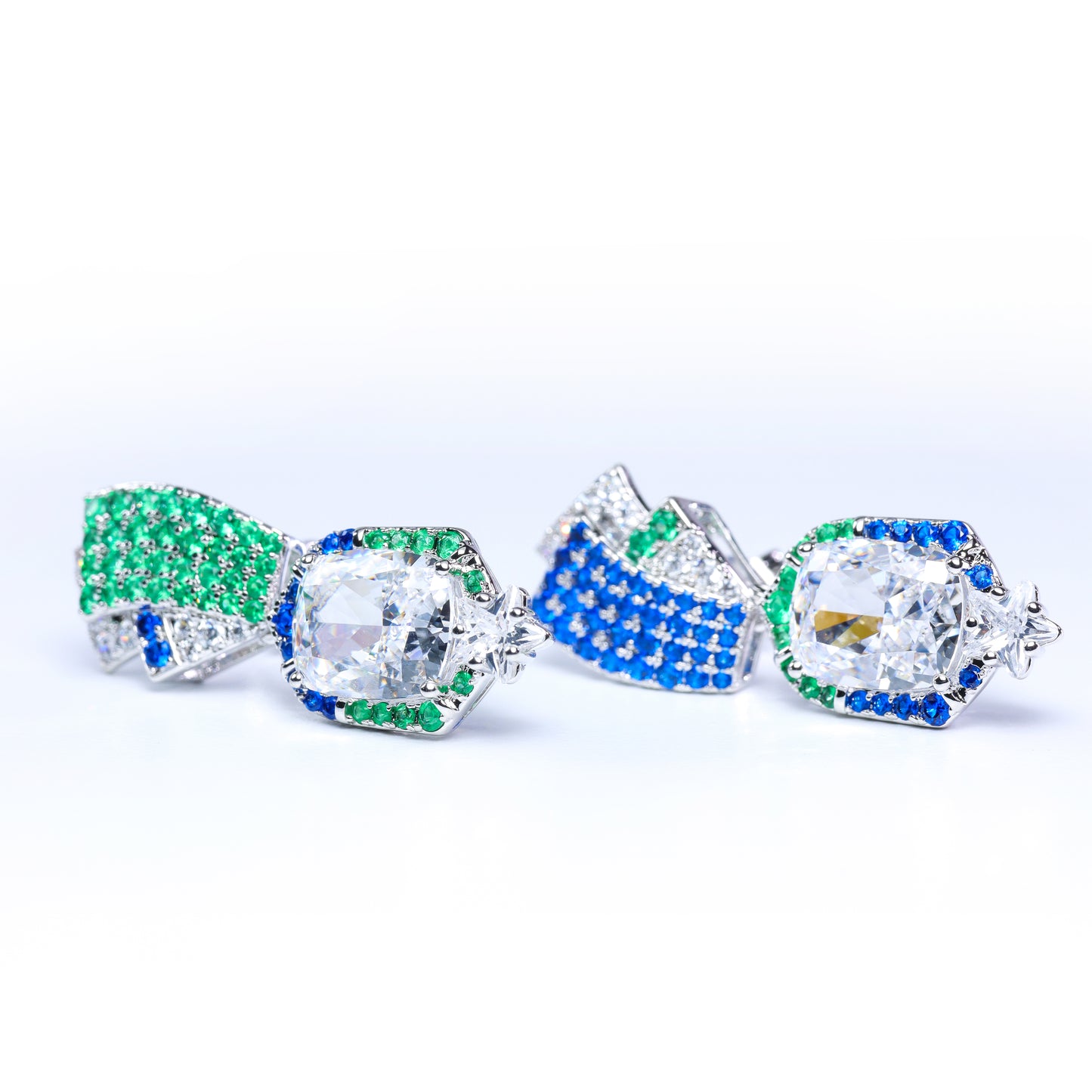 #BE0026# Asymmetrical Earrings with Blue & Green Gemstones