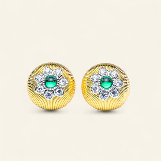 #LE0137# Earrings with Green Gemstone – Brushed Gold Finish
