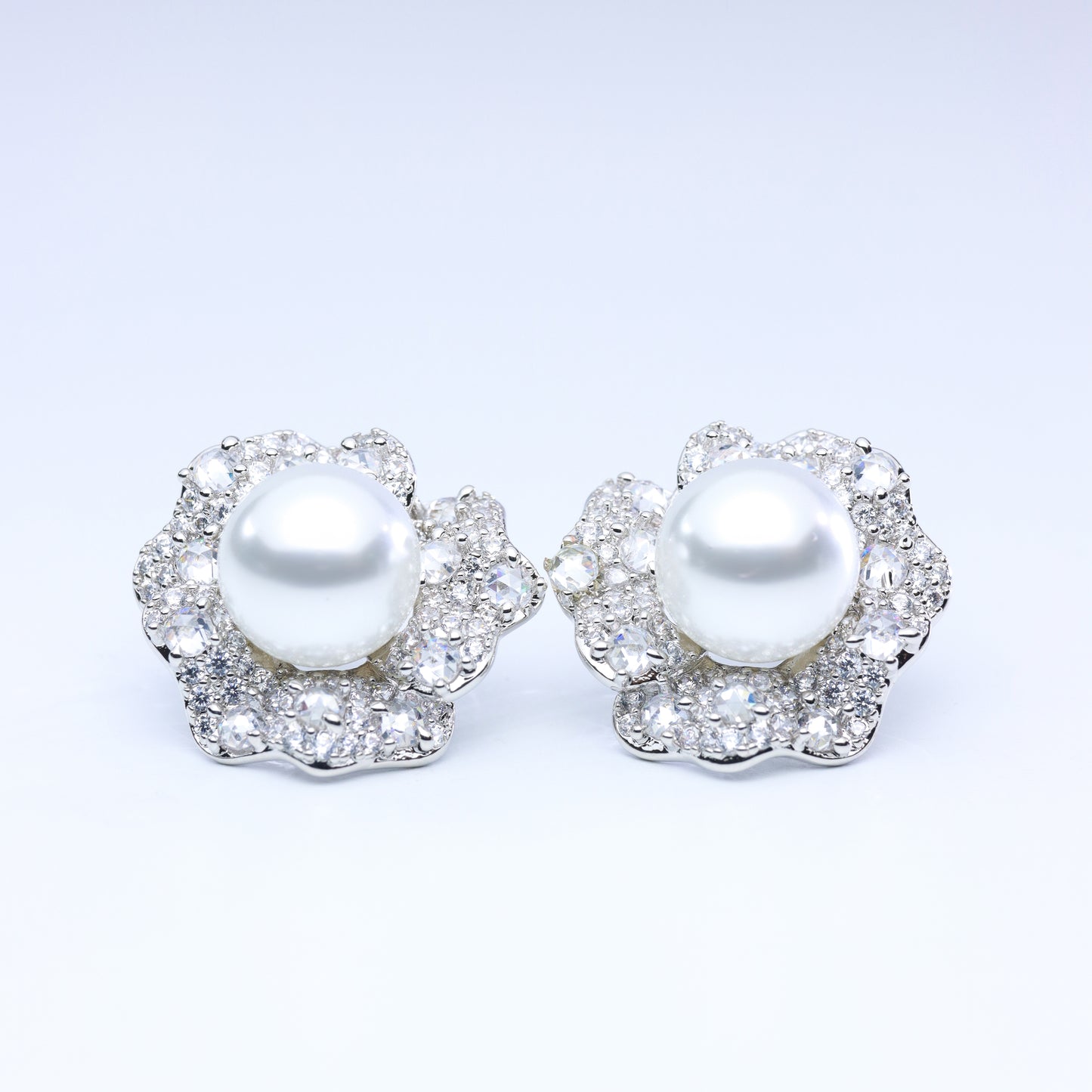 #ZE0131# Zircon Flower Stud Earrings with White Pearl