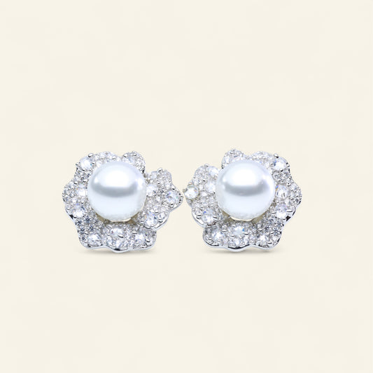 #ZE0131# Zircon Flower Stud Earrings with White Pearl