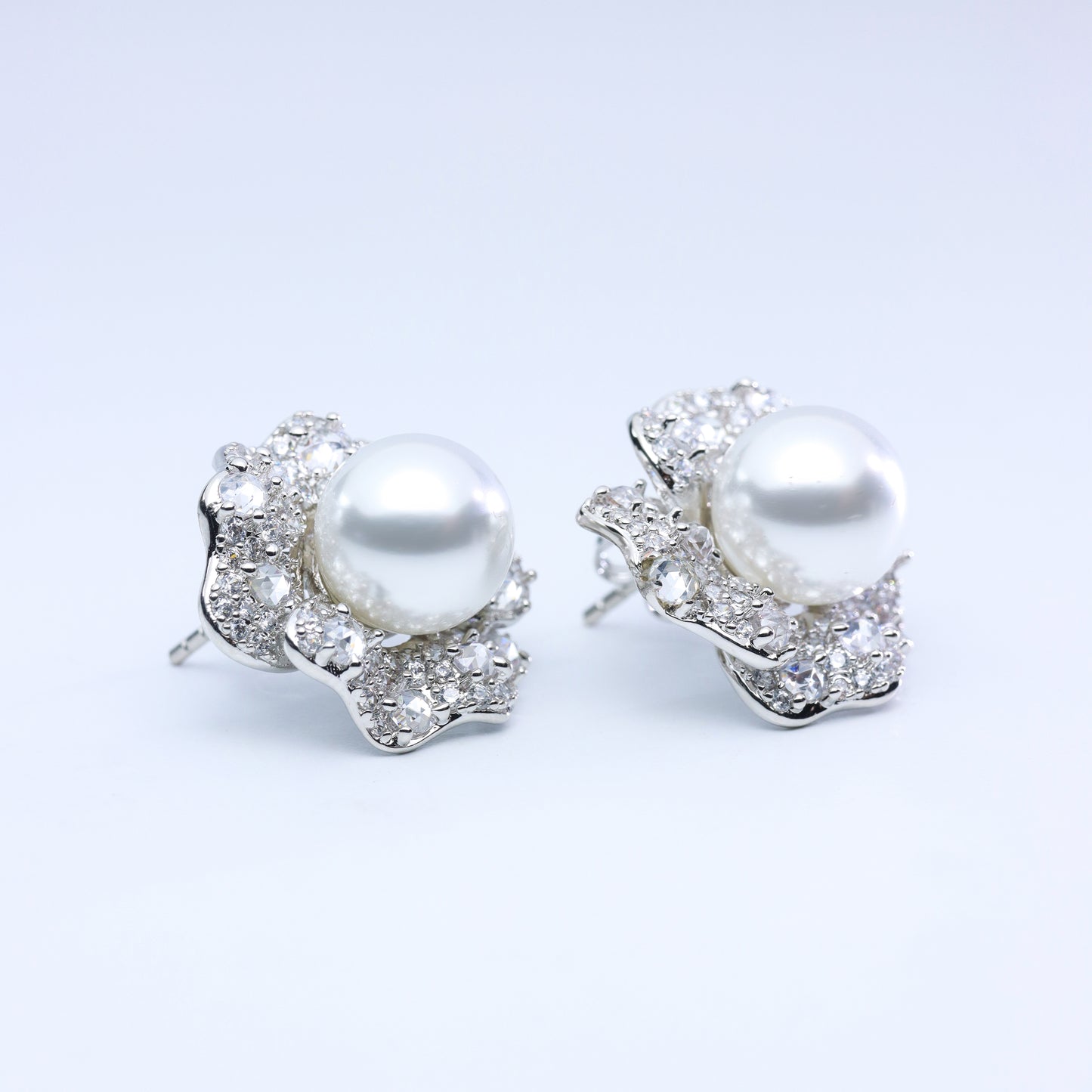 #ZE0131# Zircon Flower Stud Earrings with White Pearl
