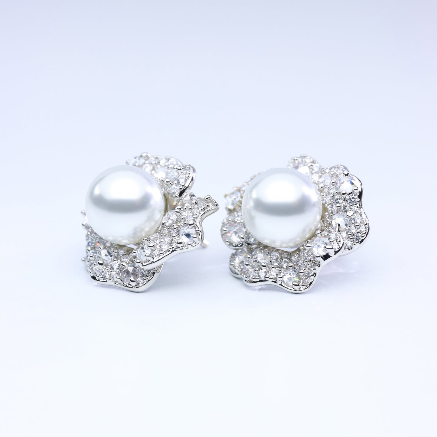 #ZE0131# Zircon Flower Stud Earrings with White Pearl