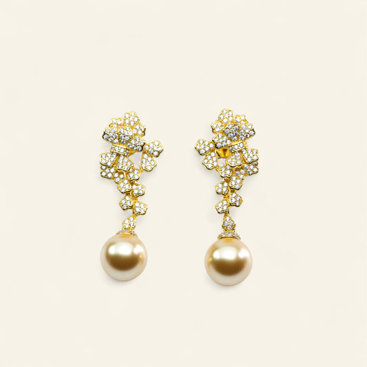#EZ0132# Drop Earrings with Golden Pearl & Zircon Accents