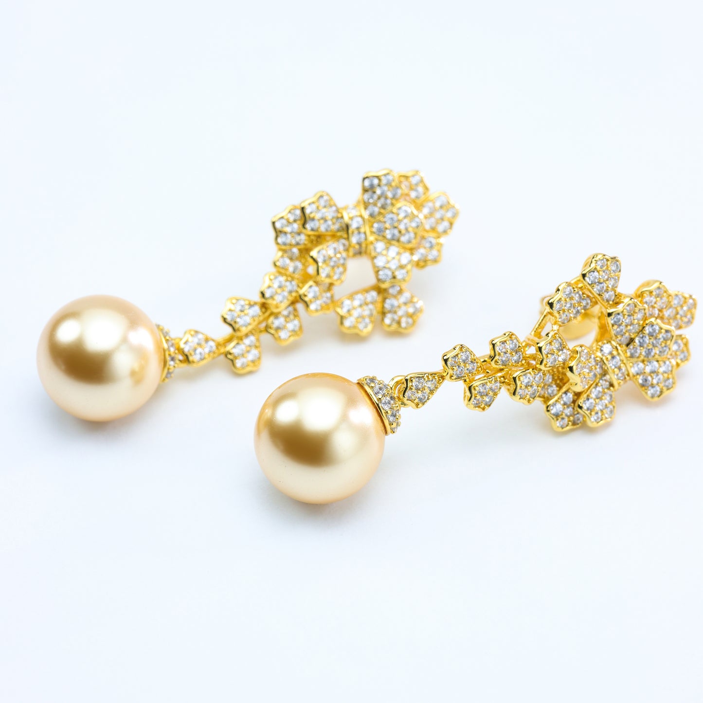 #EZ0132# Drop Earrings with Golden Pearl & Zircon Accents