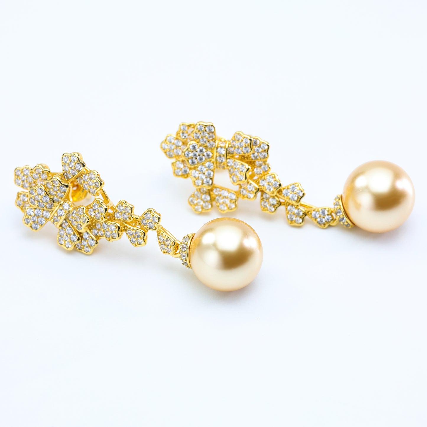 #EZ0132# Drop Earrings with Golden Pearl & Zircon Accents