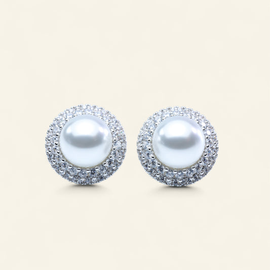 #ZE0130# Earrings with Australian White Pearl & Zircon Halo