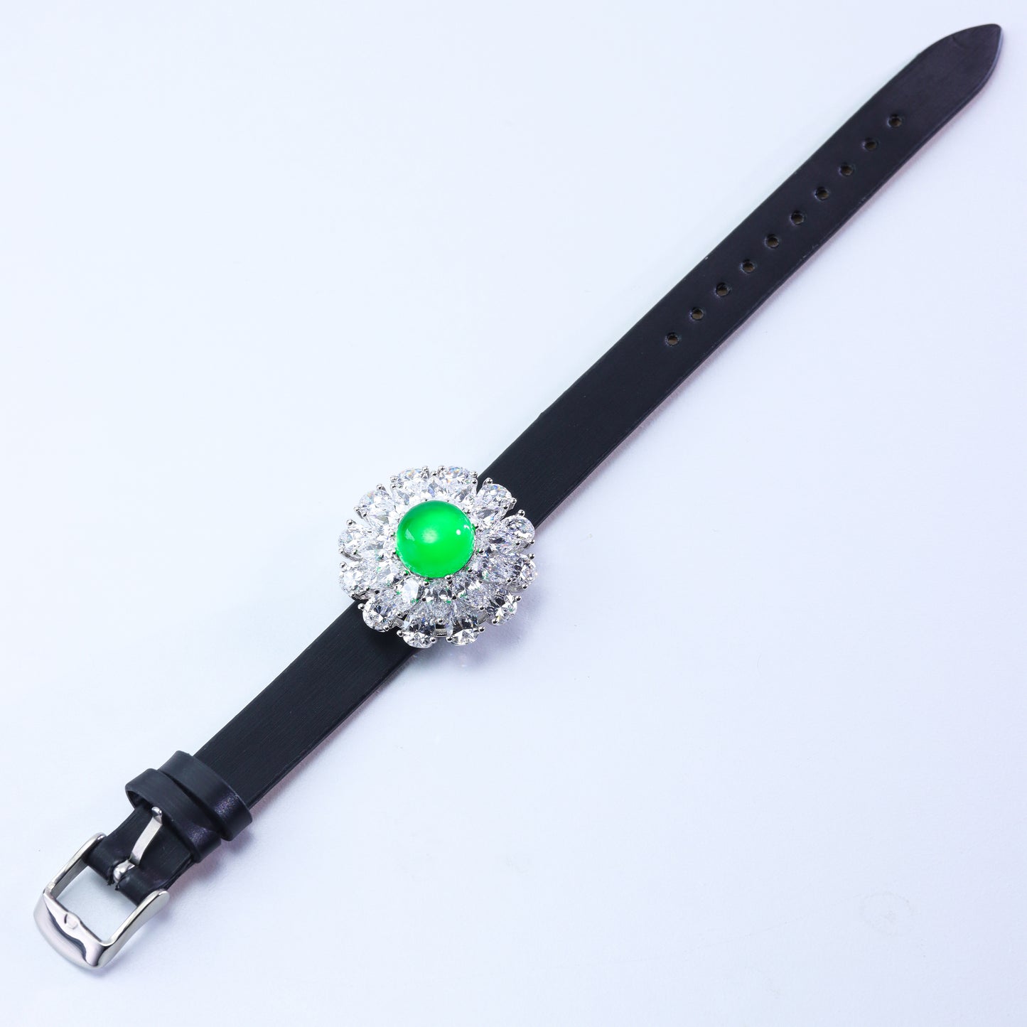 #LS0050# Leather Bracelet with Zircon Setting & Cabochon Emerald