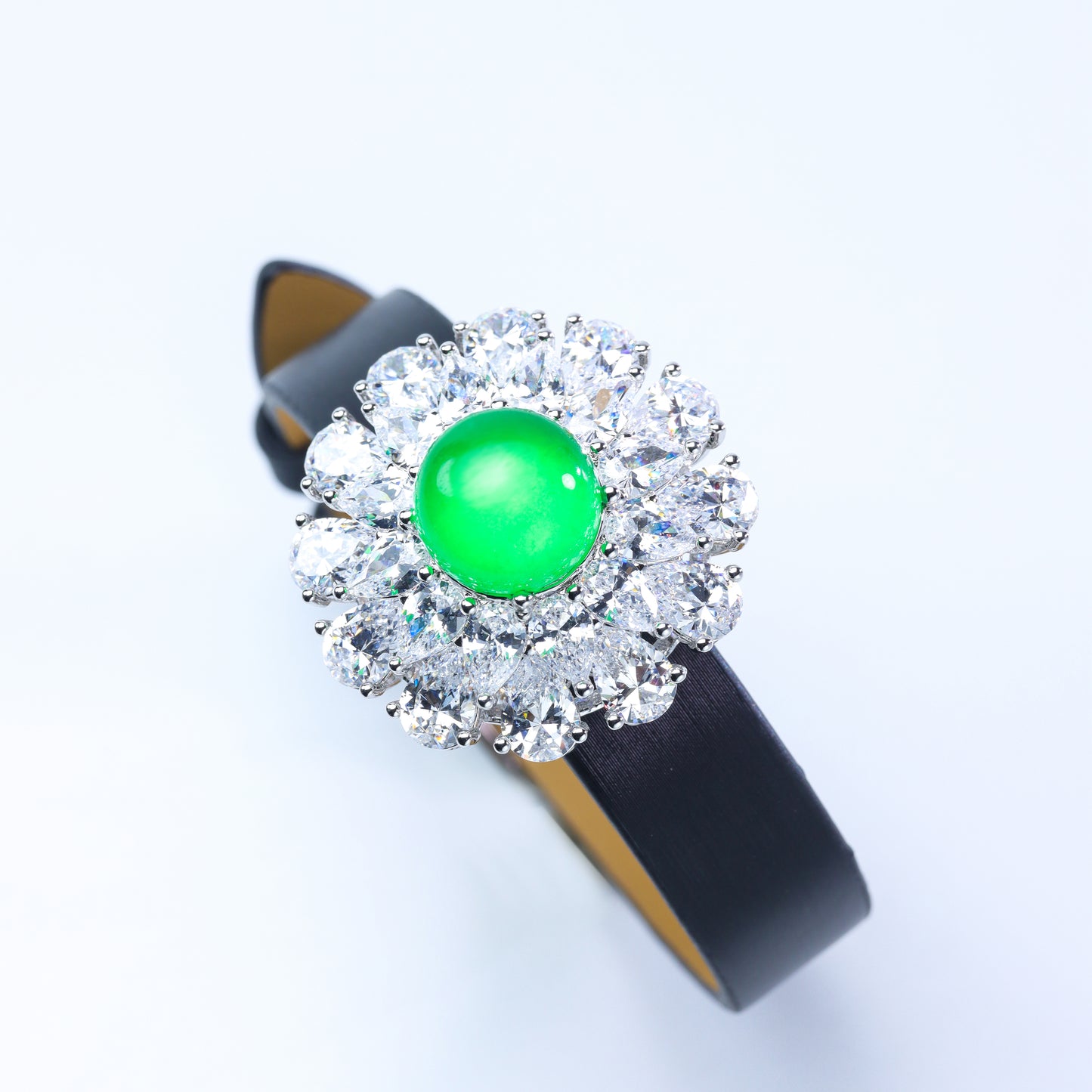 #LS0050# Leather Bracelet with Zircon Setting & Cabochon Emerald