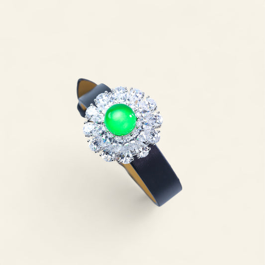 #LS0050# Leather Bracelet with Zircon Setting & Cabochon Emerald