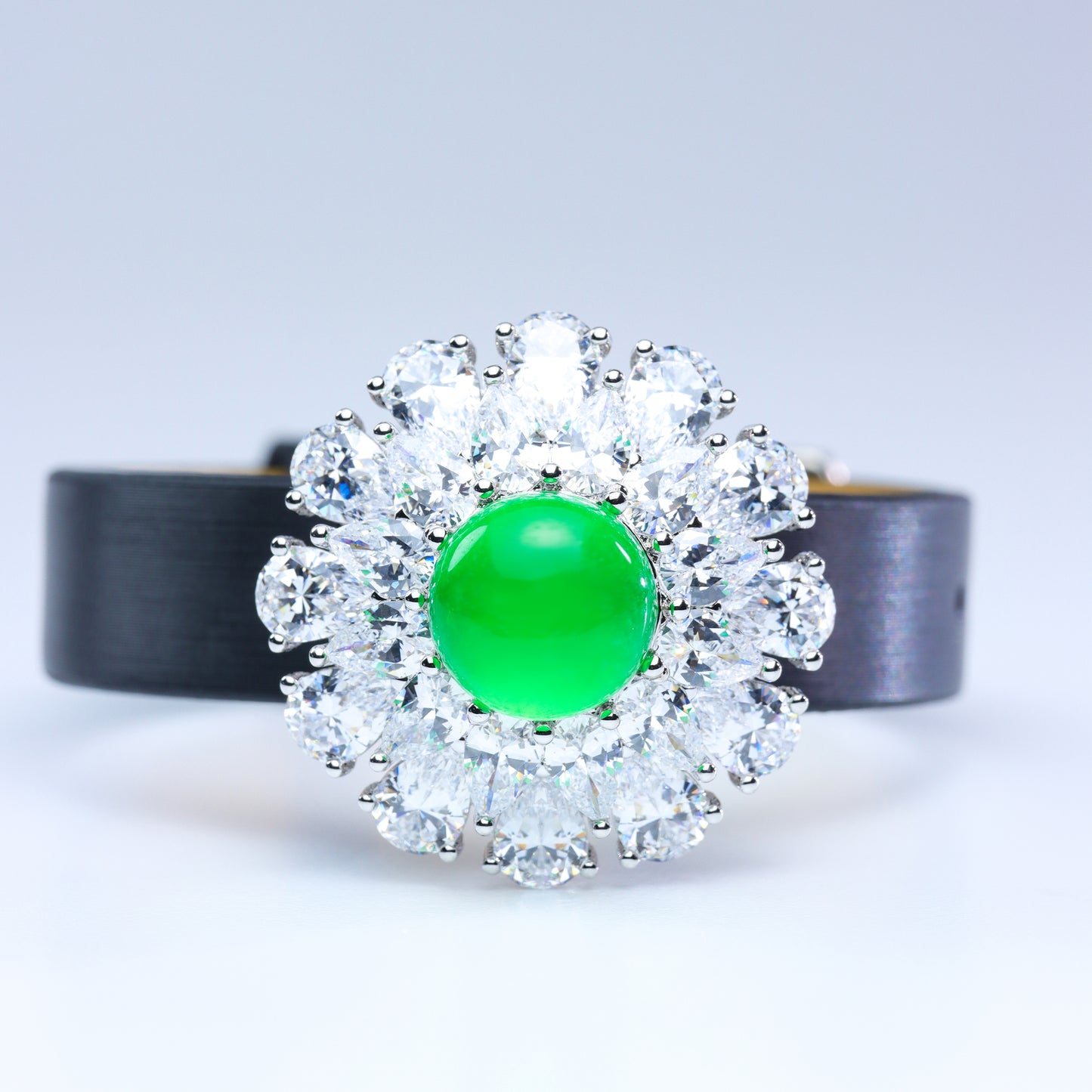#LS0050# Leather Bracelet with Zircon Setting & Cabochon Emerald