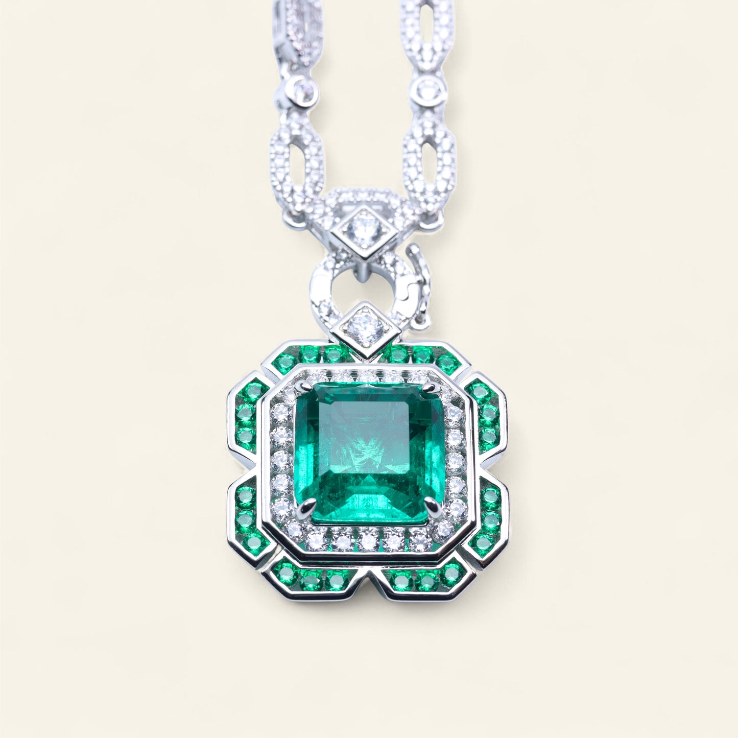 #LD0148# Necklace with Detachable Emerald Pendant & Zircon Accents