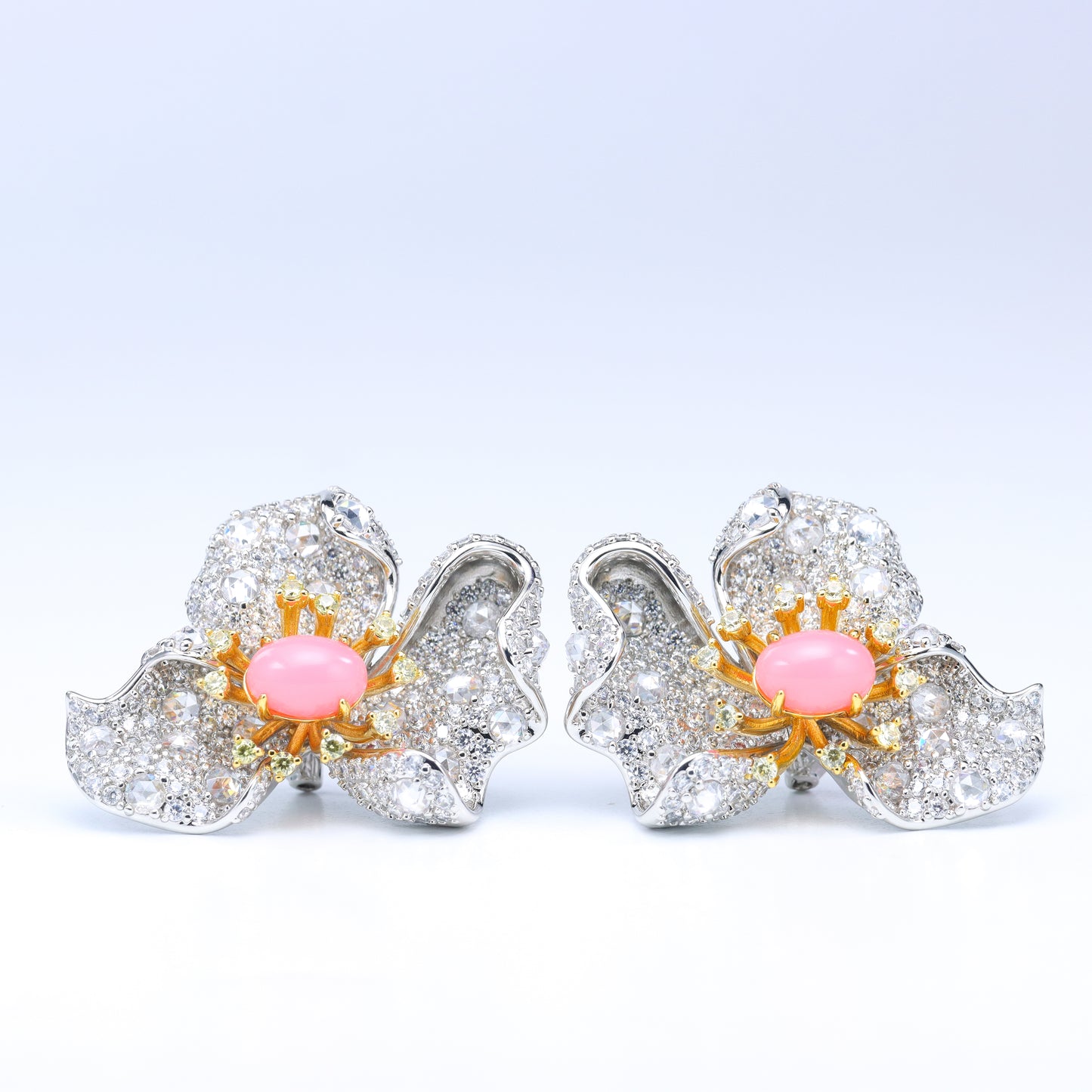 #BE0039 # Pink Conch Pearl Zirconia Flower Stud Earrings