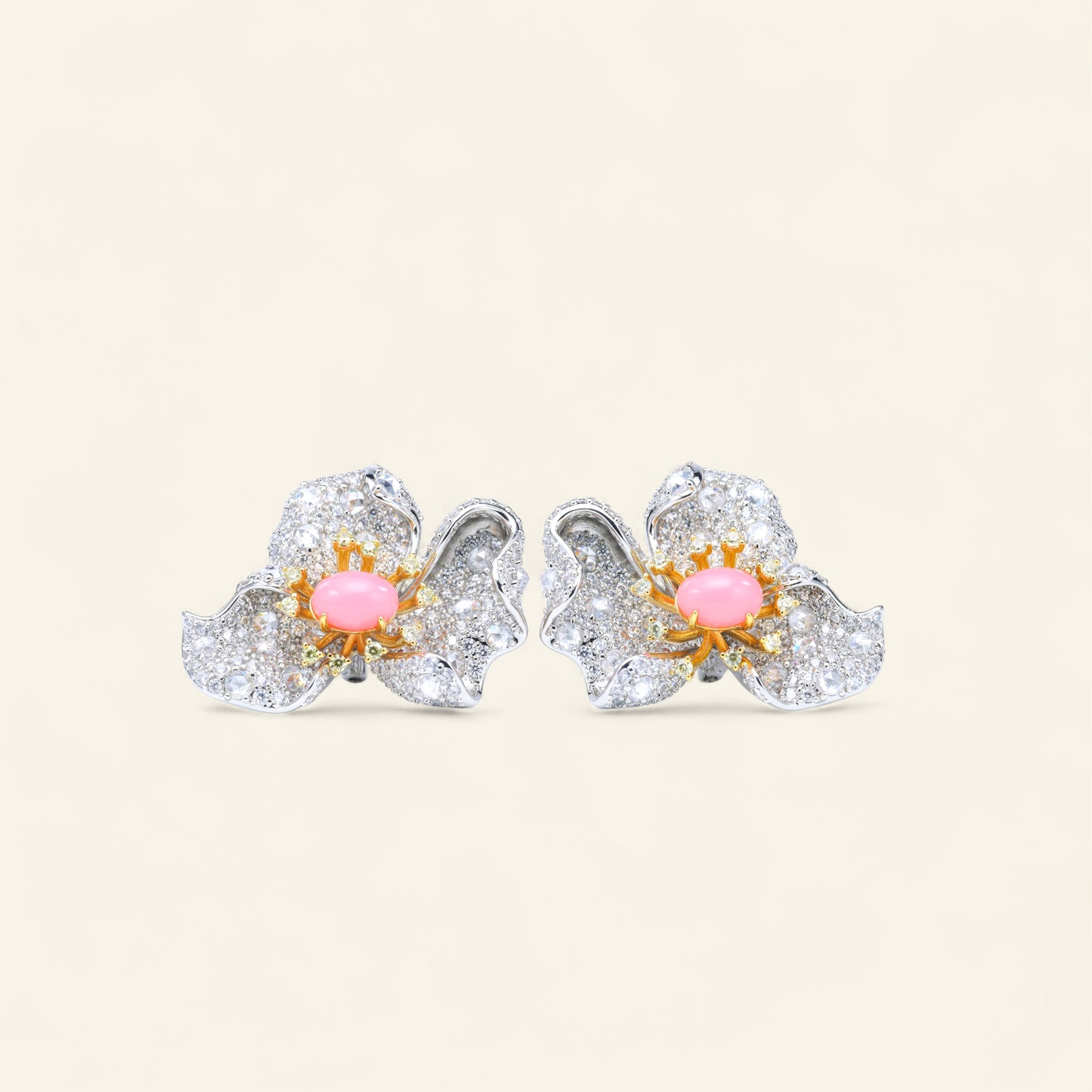 #BE0039 # Pink Conch Pearl Zirconia Flower Stud Earrings