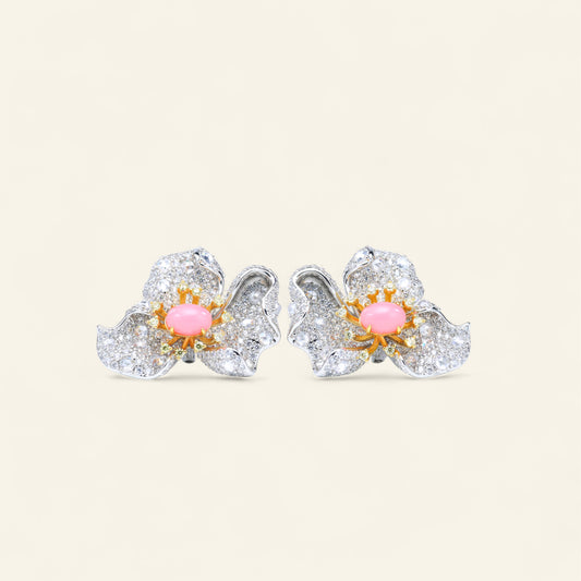 #BE0039 # Pink Conch Pearl Zirconia Flower Stud Earrings