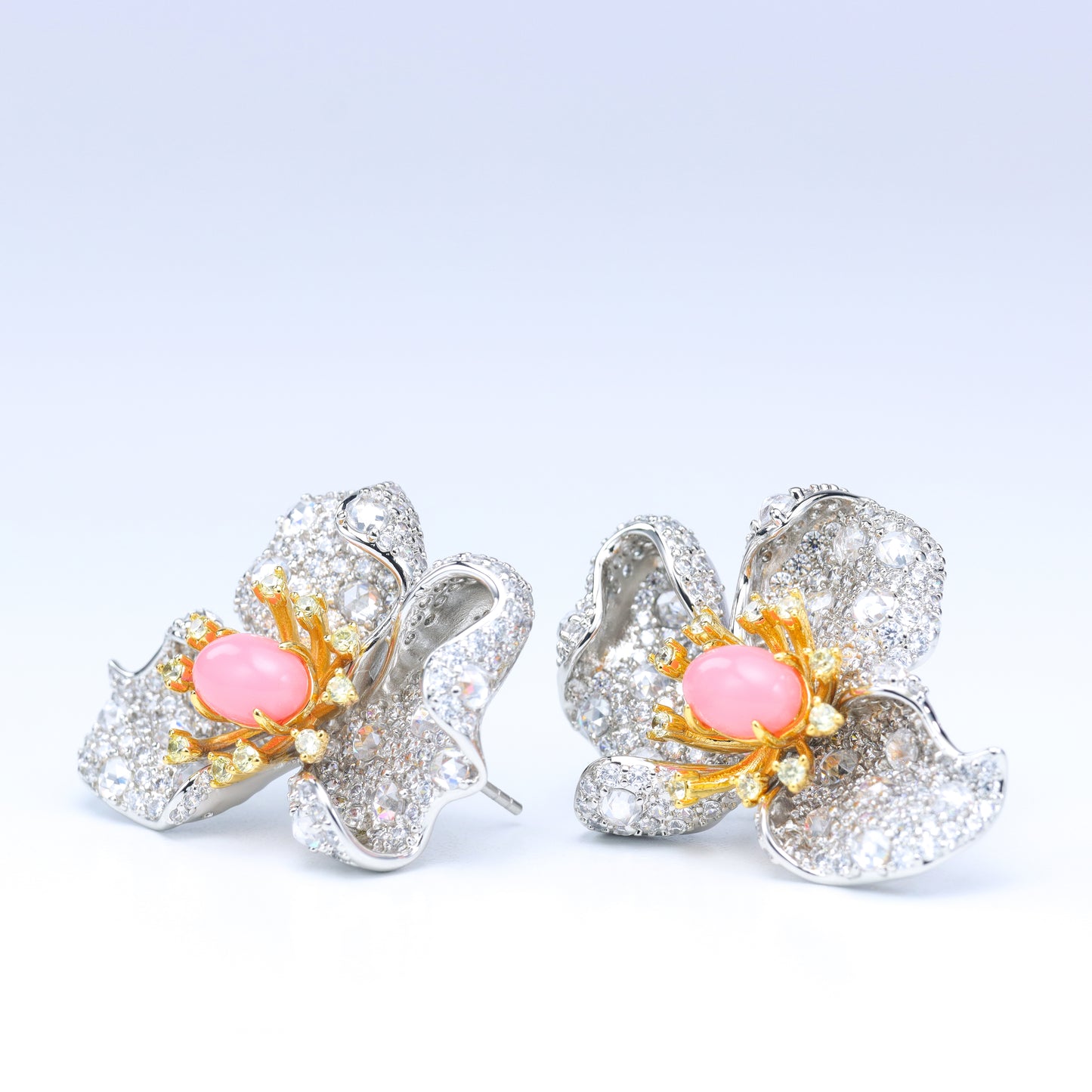 #BE0039 # Pink Conch Pearl Zirconia Flower Stud Earrings