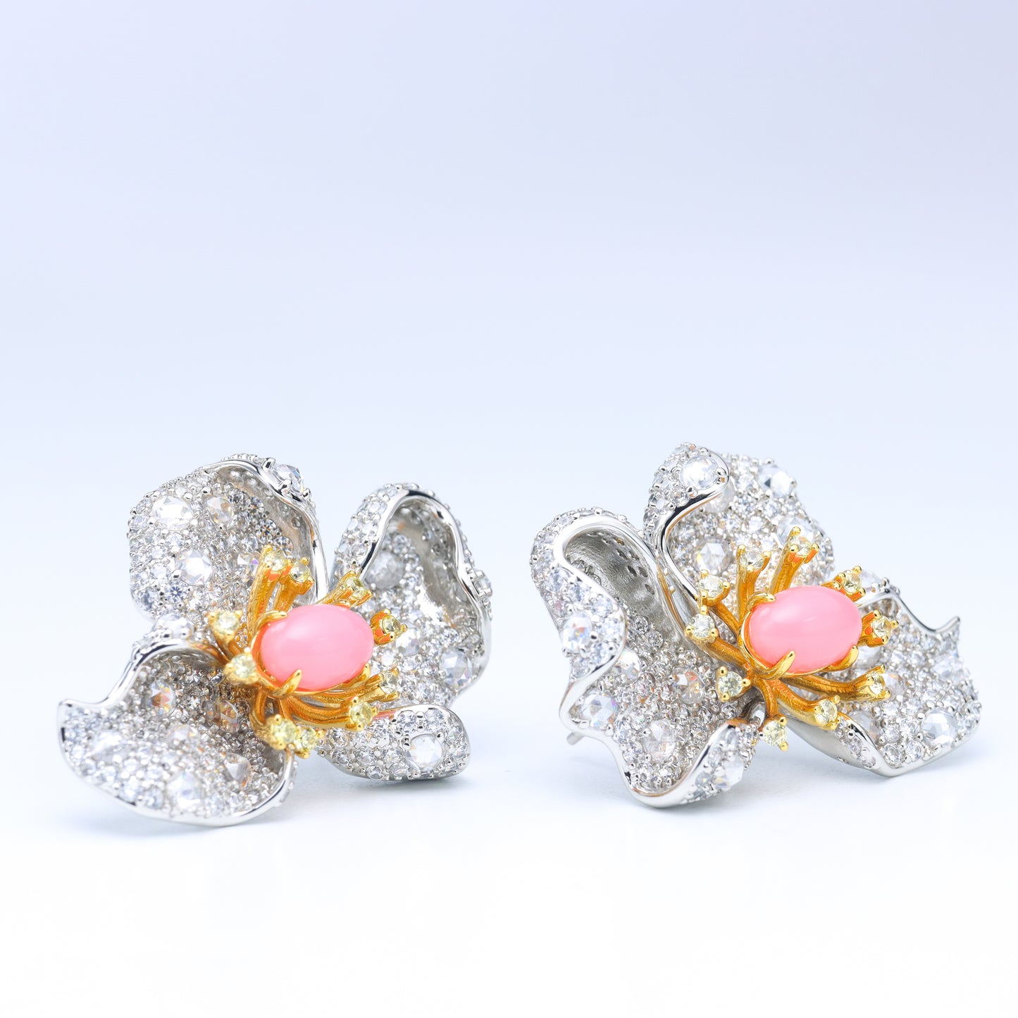 #BE0039 # Pink Conch Pearl Zirconia Flower Stud Earrings
