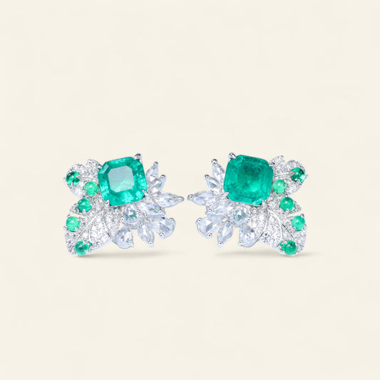 #LE0141# Zirconia Stud Earrings with Princess Cut Green Emerald