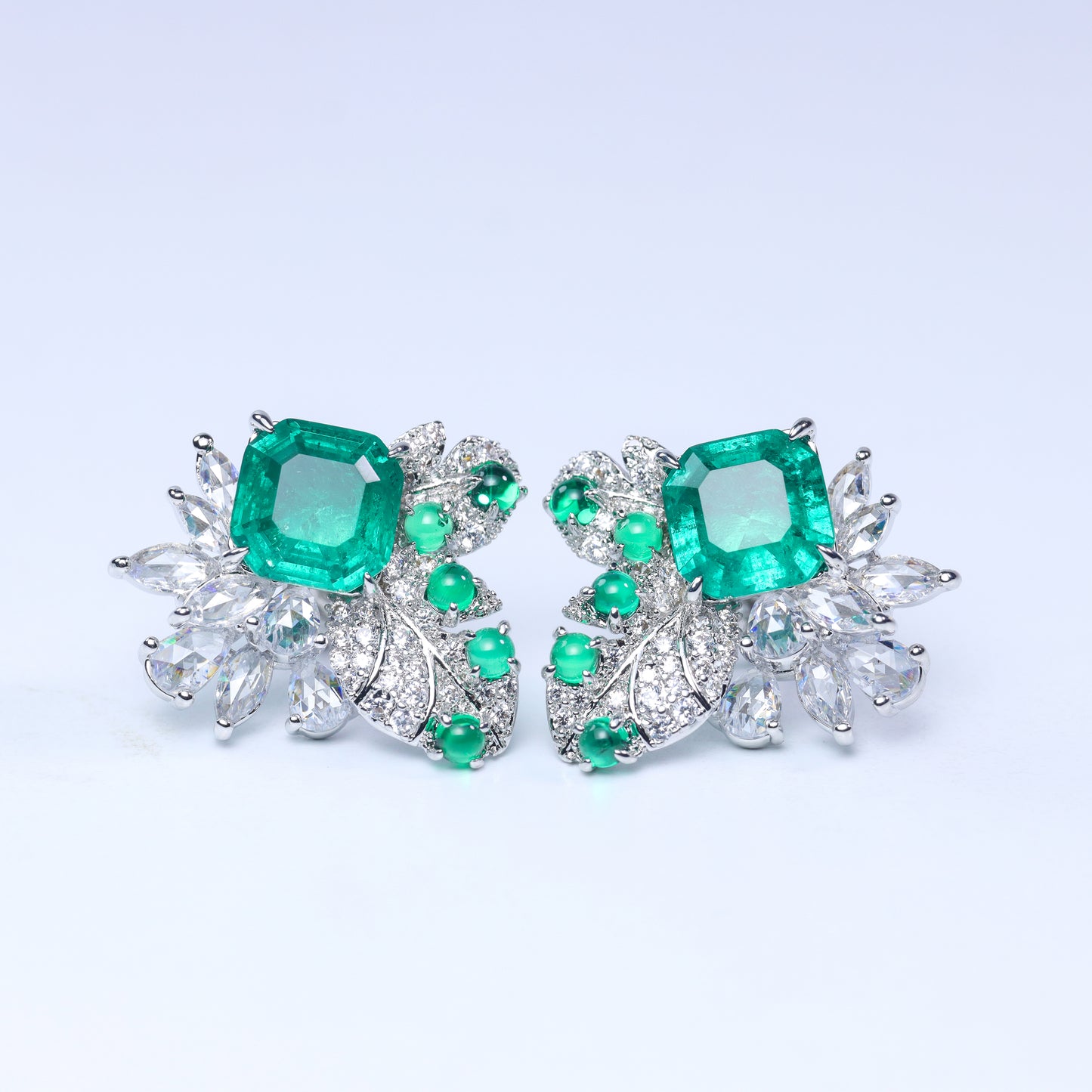 #LE0141# Zirconia Stud Earrings with Princess Cut Green Emerald
