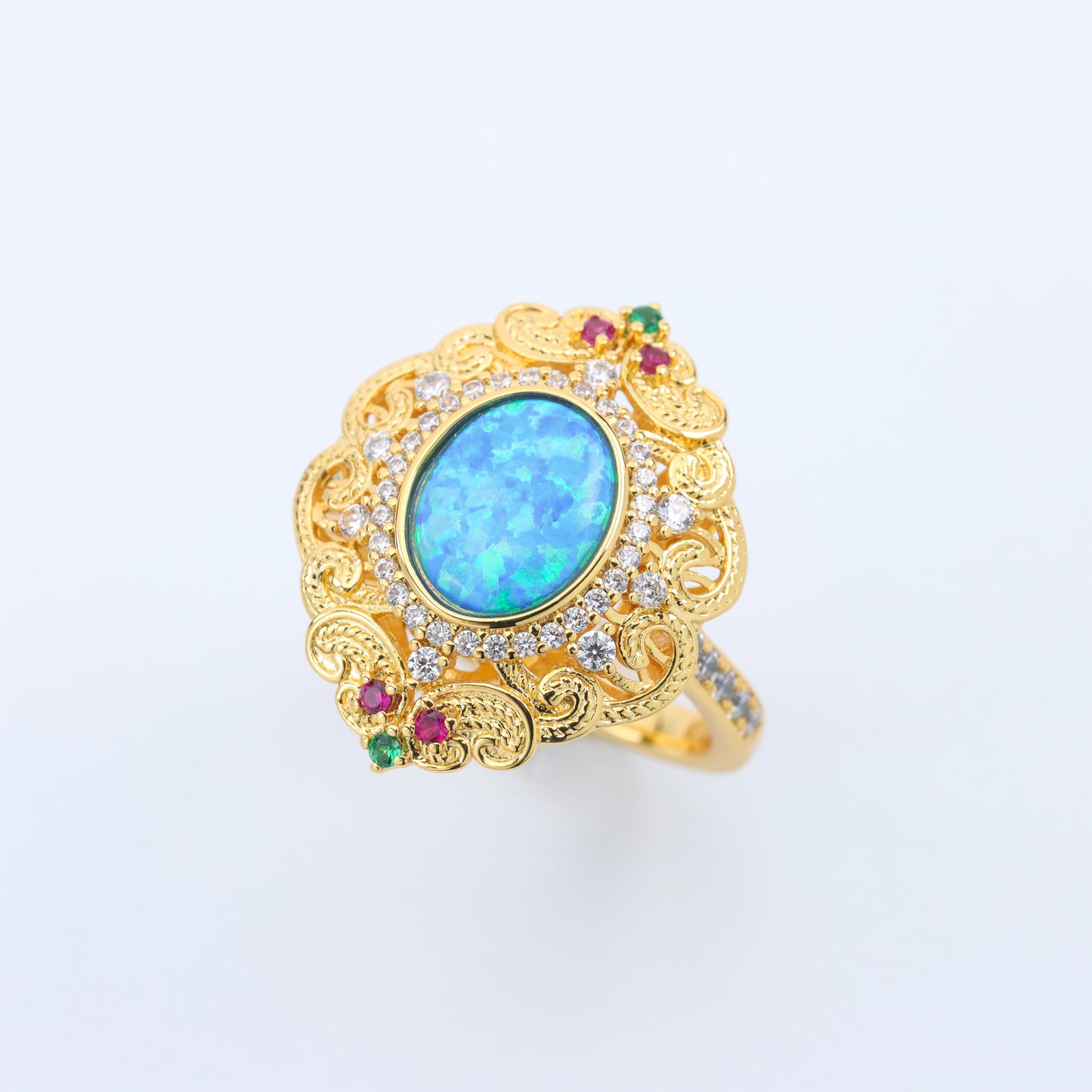 #LJ0184#  Filigree Ring with Opal, Rubies, and Emeralds