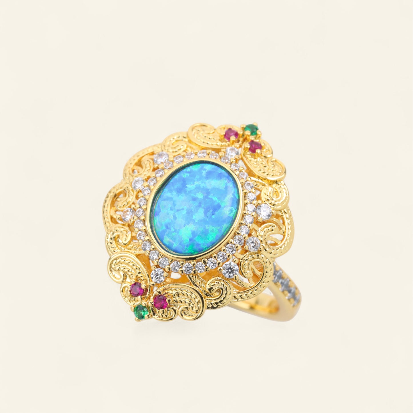 #LJ0184#  Filigree Ring with Opal, Rubies, and Emeralds