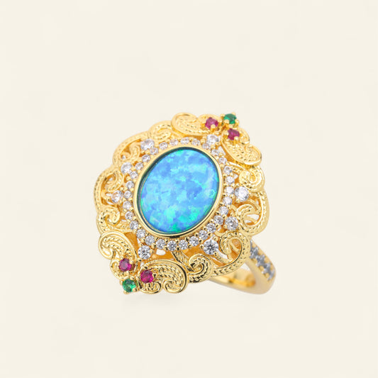 #LJ0184#  Filigree Ring with Opal, Rubies, and Emeralds