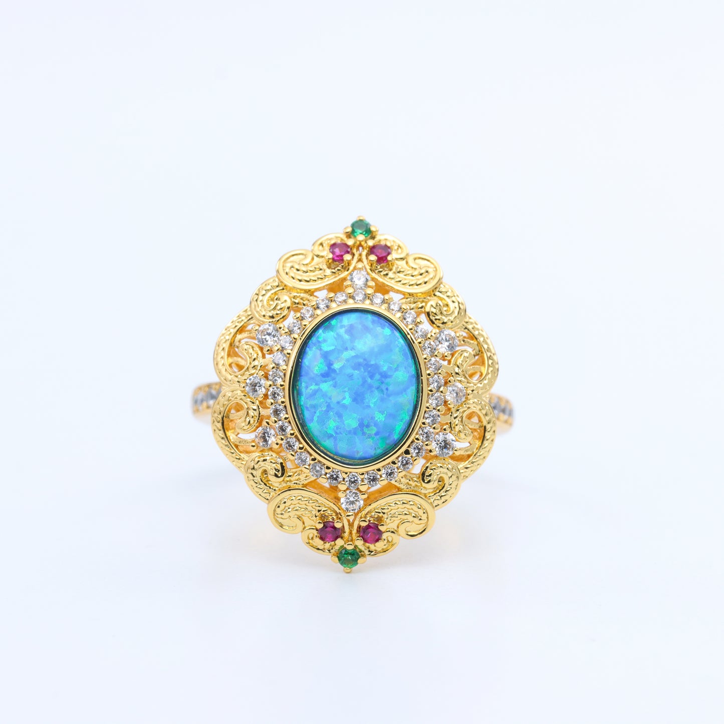 #LJ0184#  Filigree Ring with Opal, Rubies, and Emeralds
