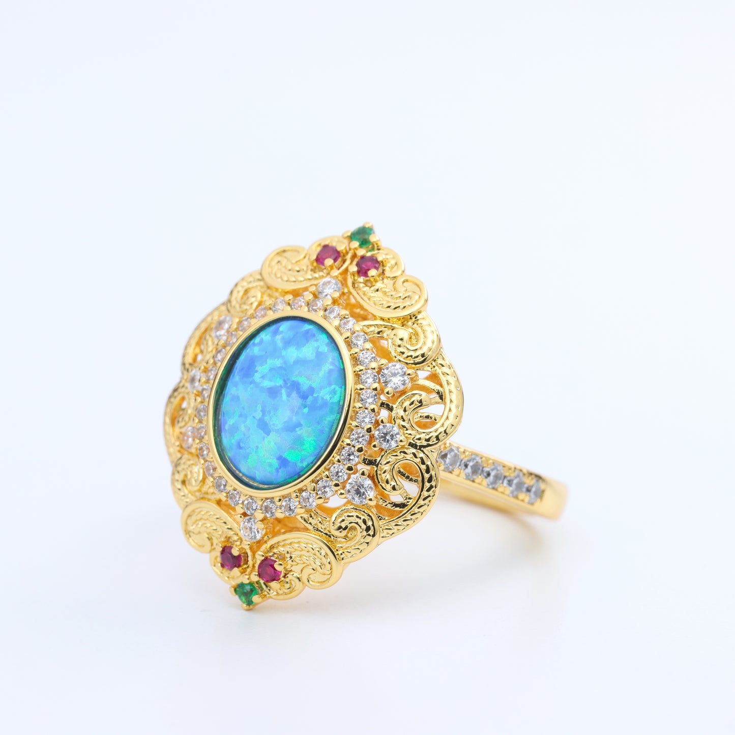 #LJ0184#  Filigree Ring with Opal, Rubies, and Emeralds