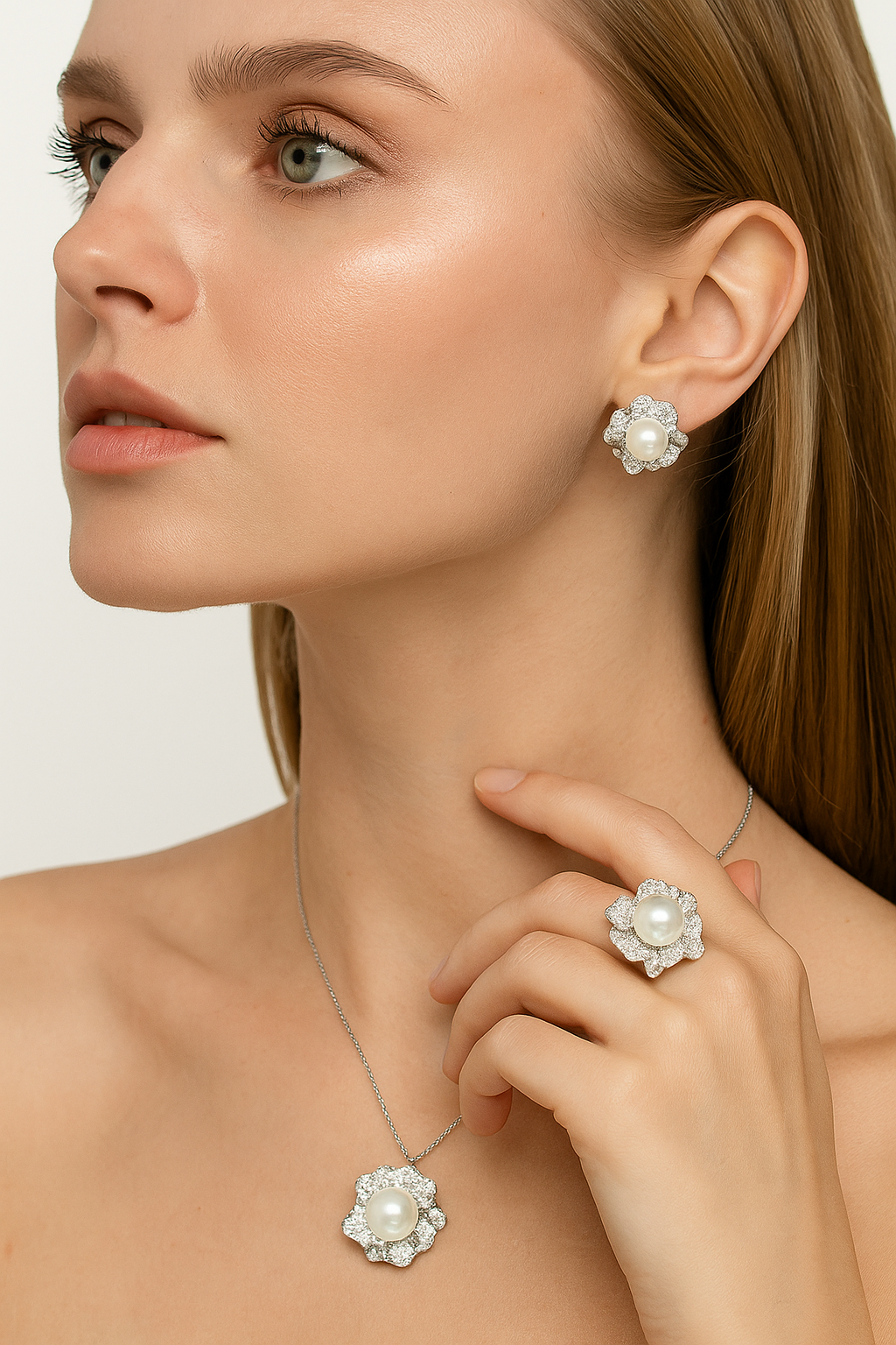 #ZE0131# Zircon Flower Stud Earrings with White Pearl